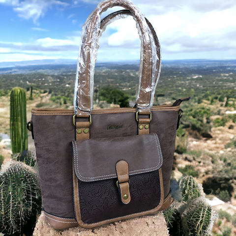 BROWN Cotton Road PU Leather Handbag with PATTERN Print detailing