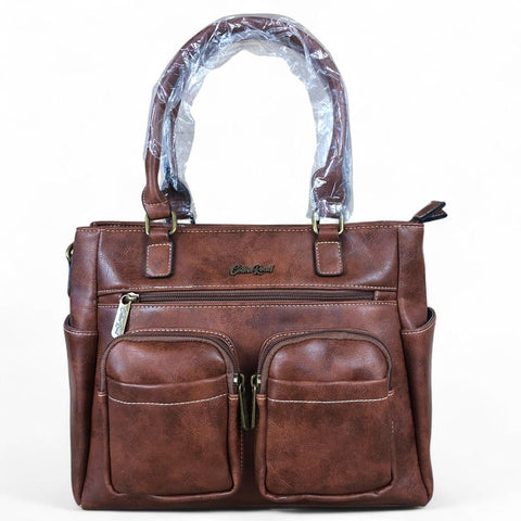 BROWN Cotton Road PU Leather Handbag with Pockets