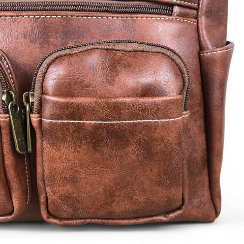 BROWN Cotton Road PU Leather Handbag with Pockets