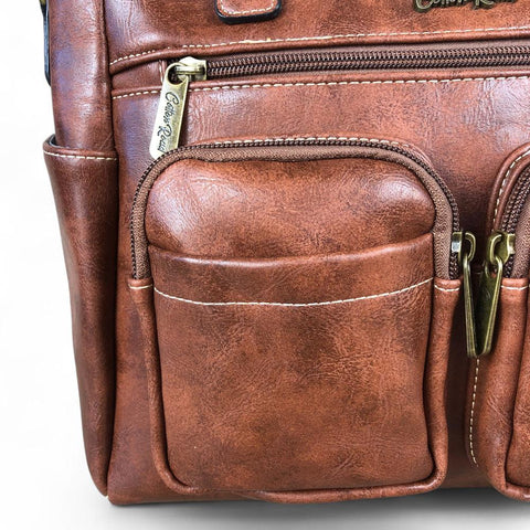 BROWN Cotton Road PU Leather Handbag with Pockets