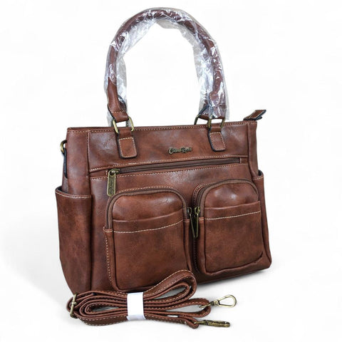 BROWN Cotton Road PU Leather Handbag with Pockets