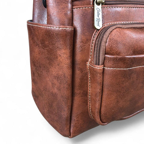 BROWN Cotton Road PU Leather Handbag with Pockets