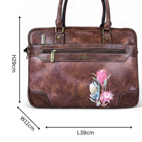 BROWN Cotton Road PU Leather Laptop Bag with PROTEAS