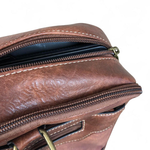 BROWN Cotton Road PU Leather Laptop Bag with PROTEAS