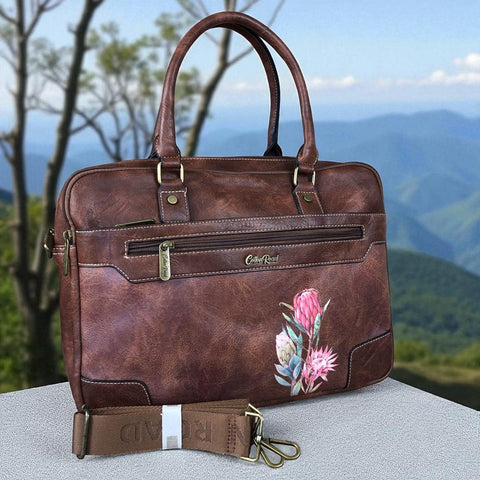 BROWN Cotton Road PU Leather Laptop Bag with PROTEAS
