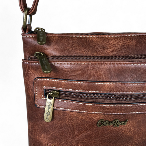 BROWN Cotton Road PU Leather Sling Bag with EMBROIDED detailing