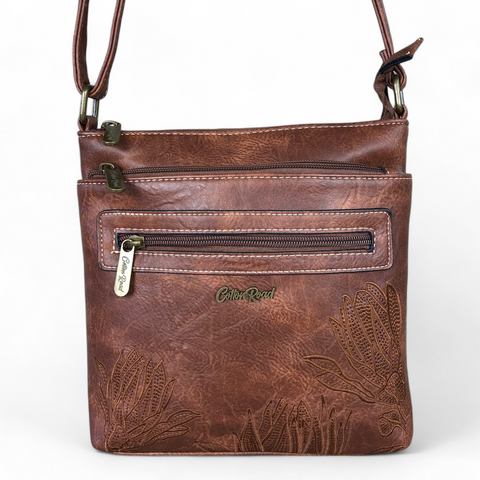BROWN Cotton Road PU Leather Sling Bag with EMBROIDED detailing