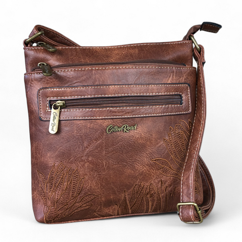 BROWN Cotton Road PU Leather Sling Bag with EMBROIDED detailing