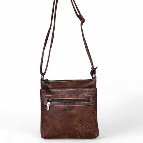 BROWN Cotton Road PU Leather Sling Bag with EMBROIDED detailing