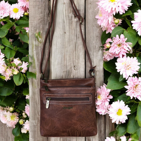 BROWN Cotton Road PU Leather Sling Bag with EMBROIDED detailing