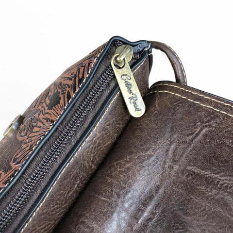 BROWN PU Leather Cotton Road Sling Bag with EMBOSSED FLOWERS