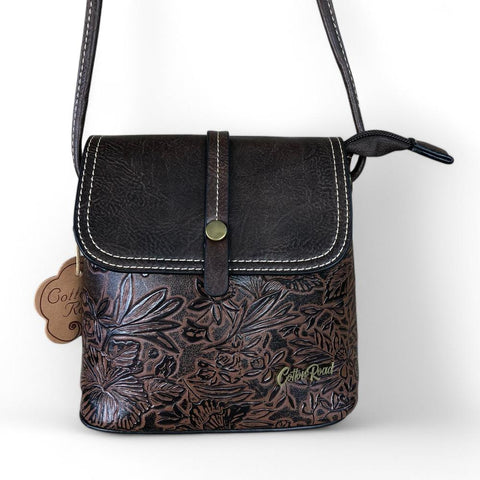 BROWN PU Leather Cotton Road Sling Bag with EMBOSSED FLOWERS