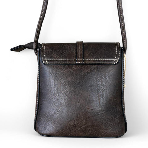 BROWN PU Leather Cotton Road Sling Bag with EMBOSSED FLOWERS