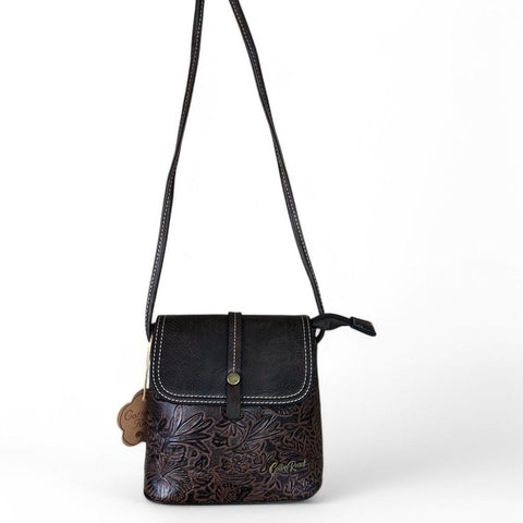 BROWN PU Leather Cotton Road Sling Bag with EMBOSSED FLOWERS