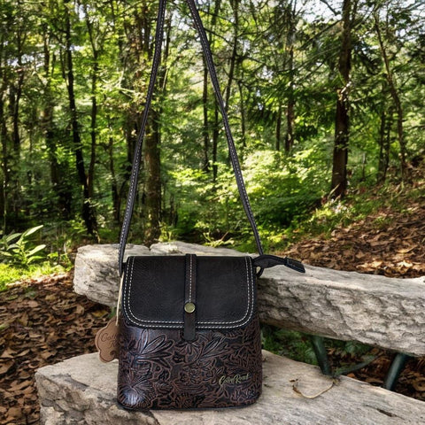 BROWN PU Leather Cotton Road Sling Bag with EMBOSSED FLOWERS