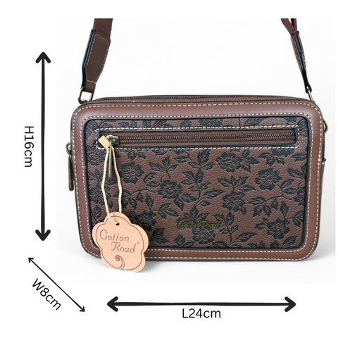 BROWN PU Leather Cotton Road Sling Bag with FLORAL Panel