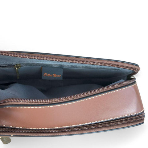BROWN PU Leather Cotton Road Sling Bag with FLORAL Panel