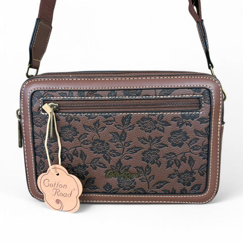 BROWN PU Leather Cotton Road Sling Bag with FLORAL Panel