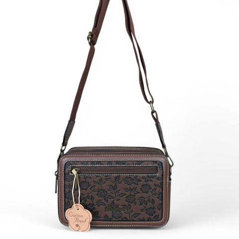 BROWN PU Leather Cotton Road Sling Bag with FLORAL Panel