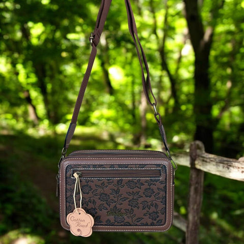 BROWN PU Leather Cotton Road Sling Bag with FLORAL Panel