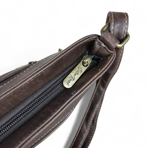 BROWN PU Leather Cotton Road Sling Bag with PROTEA detailing
