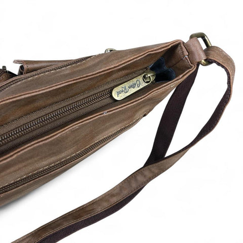 BROWN PU Leather Cotton Road Sling Bag with Pockets