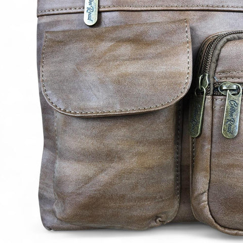 BROWN PU Leather Cotton Road Sling Bag with Pockets
