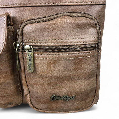 BROWN PU Leather Cotton Road Sling Bag with Pockets