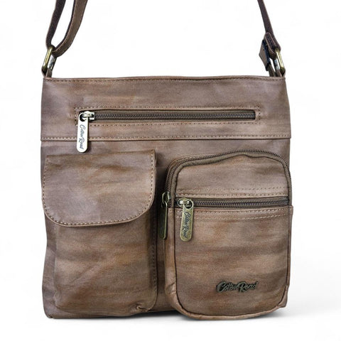 BROWN PU Leather Cotton Road Sling Bag with Pockets