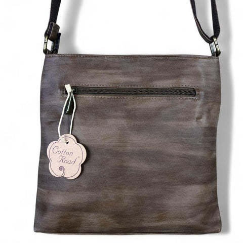 BROWN PU Leather Cotton Road Sling Bag with Pockets