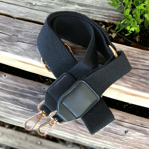Bag Strap: BLACK Canvas Adjustable Strap with PU LEATHER Trim