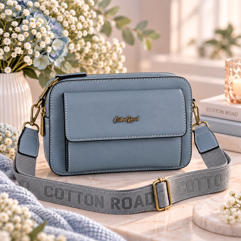 Cotton Road Sling Bag: BLUE PU Leather Crossbody Bag with BRANDED STRAP