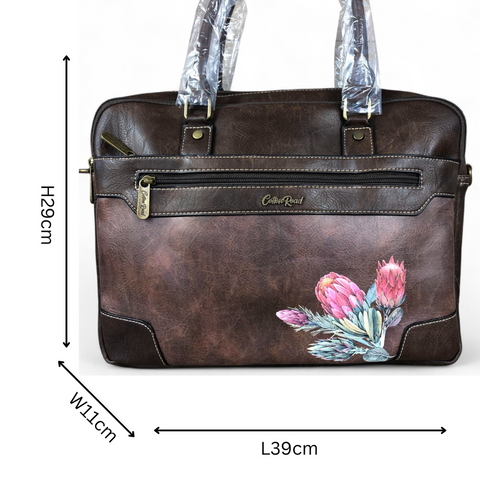 COFFEE BROWN Cotton Road PU Leather Laptop Bag with PROTEAS