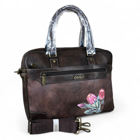 COFFEE BROWN Cotton Road PU Leather Laptop Bag with PROTEAS