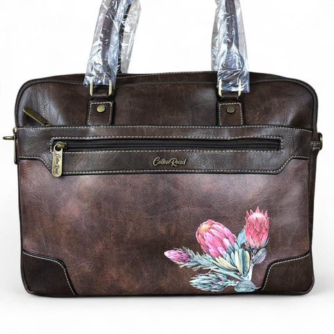 COFFEE BROWN Cotton Road PU Leather Laptop Bag with PROTEAS
