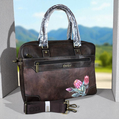 COFFEE BROWN Cotton Road PU Leather Laptop Bag with PROTEAS
