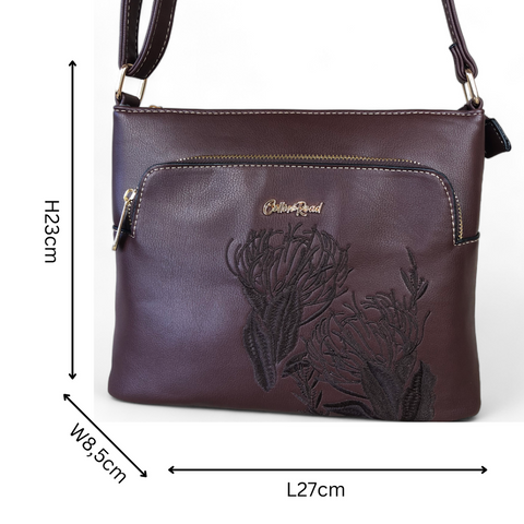 COFFEE BROWN Cotton Road PU Leather Sling Bag with EMBROIDERED PROTEA