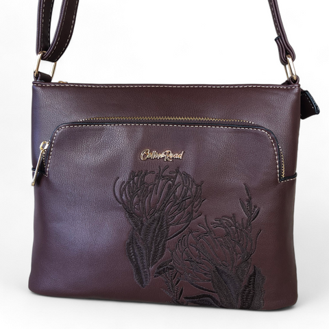 COFFEE BROWN Cotton Road PU Leather Sling Bag with EMBROIDERED PROTEA