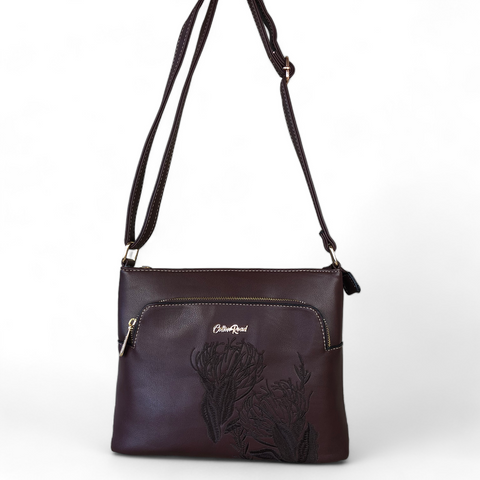 COFFEE BROWN Cotton Road PU Leather Sling Bag with EMBROIDERED PROTEA