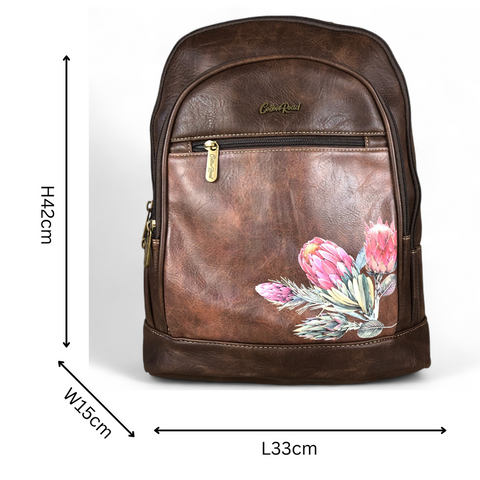 COFFEE BROWN PU Leather Cotton Road Backpack with PROTEA detailing