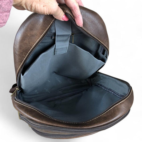 COFFEE BROWN PU Leather Cotton Road Backpack with PROTEA detailing