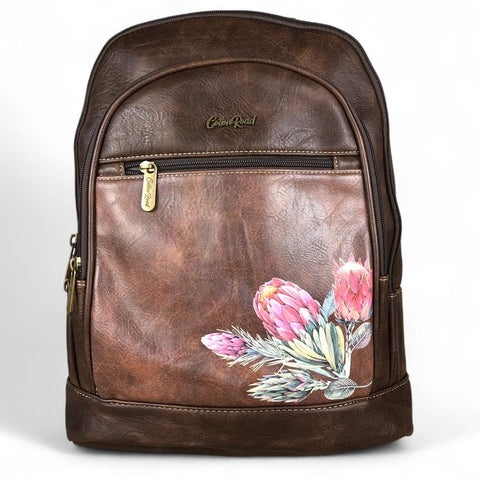 COFFEE BROWN PU Leather Cotton Road Backpack with PROTEA detailing