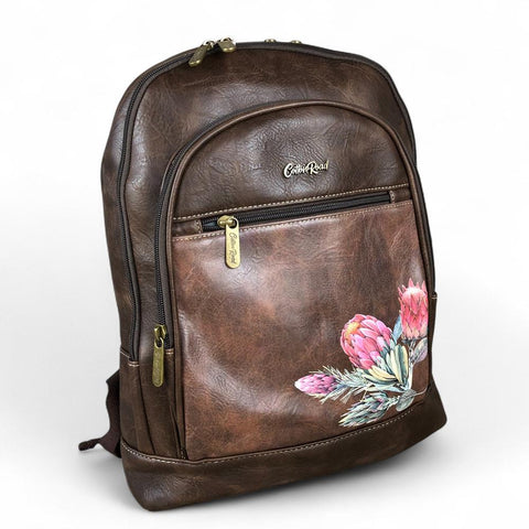 COFFEE BROWN PU Leather Cotton Road Backpack with PROTEA detailing