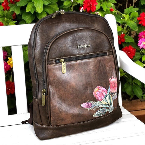 COFFEE BROWN PU Leather Cotton Road Backpack with PROTEA detailing
