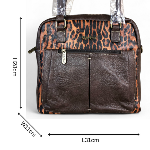 COFFEE BROWN PU Leather Cotton Road Handbag with LEOPARD PRINT