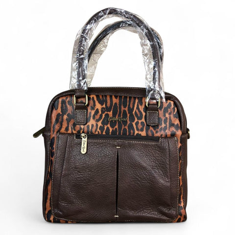 COFFEE BROWN PU Leather Cotton Road Handbag with LEOPARD PRINT