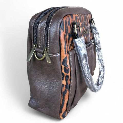 COFFEE BROWN PU Leather Cotton Road Handbag with LEOPARD PRINT