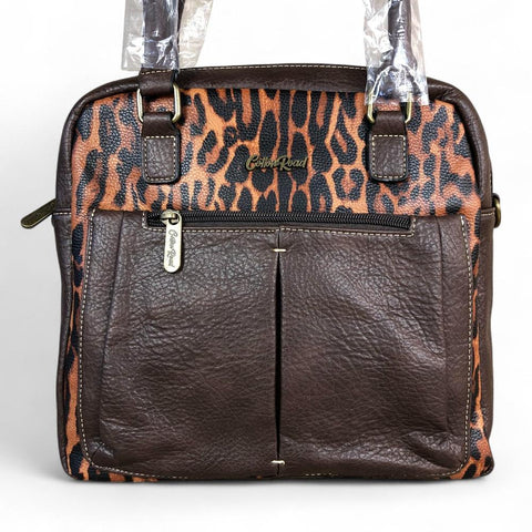 COFFEE BROWN PU Leather Cotton Road Handbag with LEOPARD PRINT
