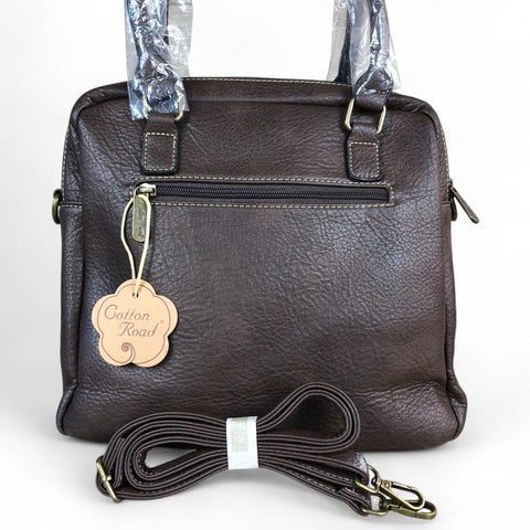 COFFEE BROWN PU Leather Cotton Road Handbag with LEOPARD PRINT