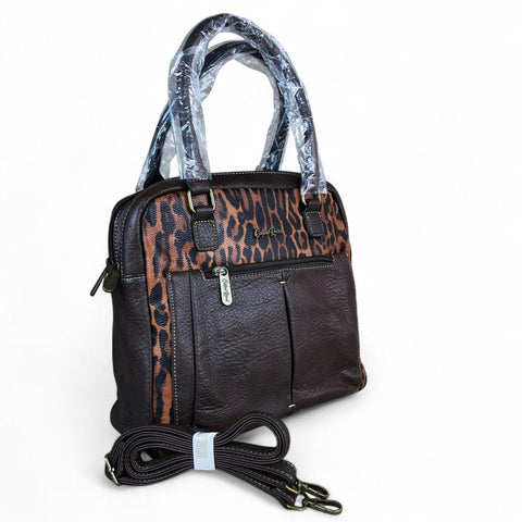 COFFEE BROWN PU Leather Cotton Road Handbag with LEOPARD PRINT